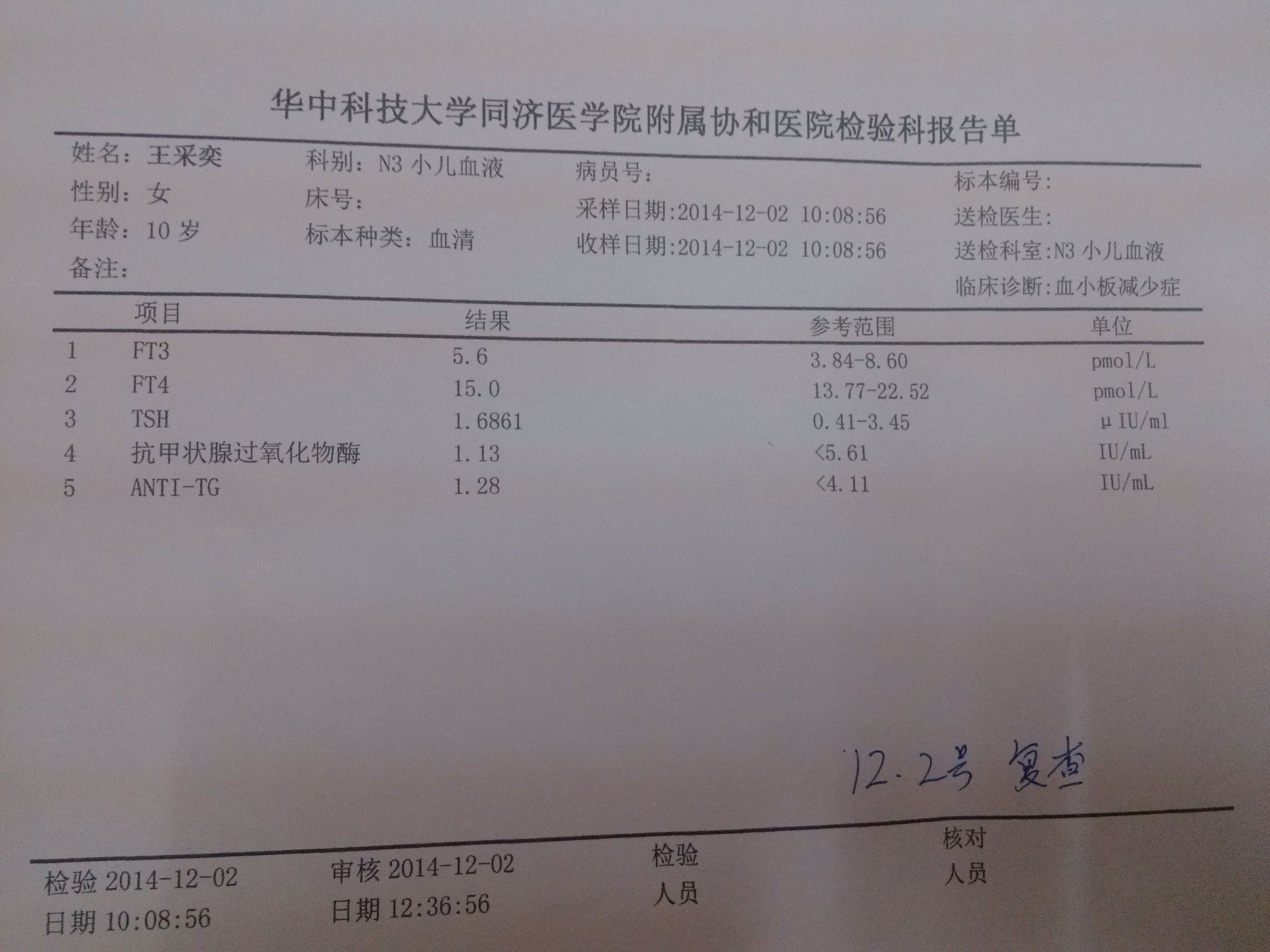 12月2号甲功五项复查